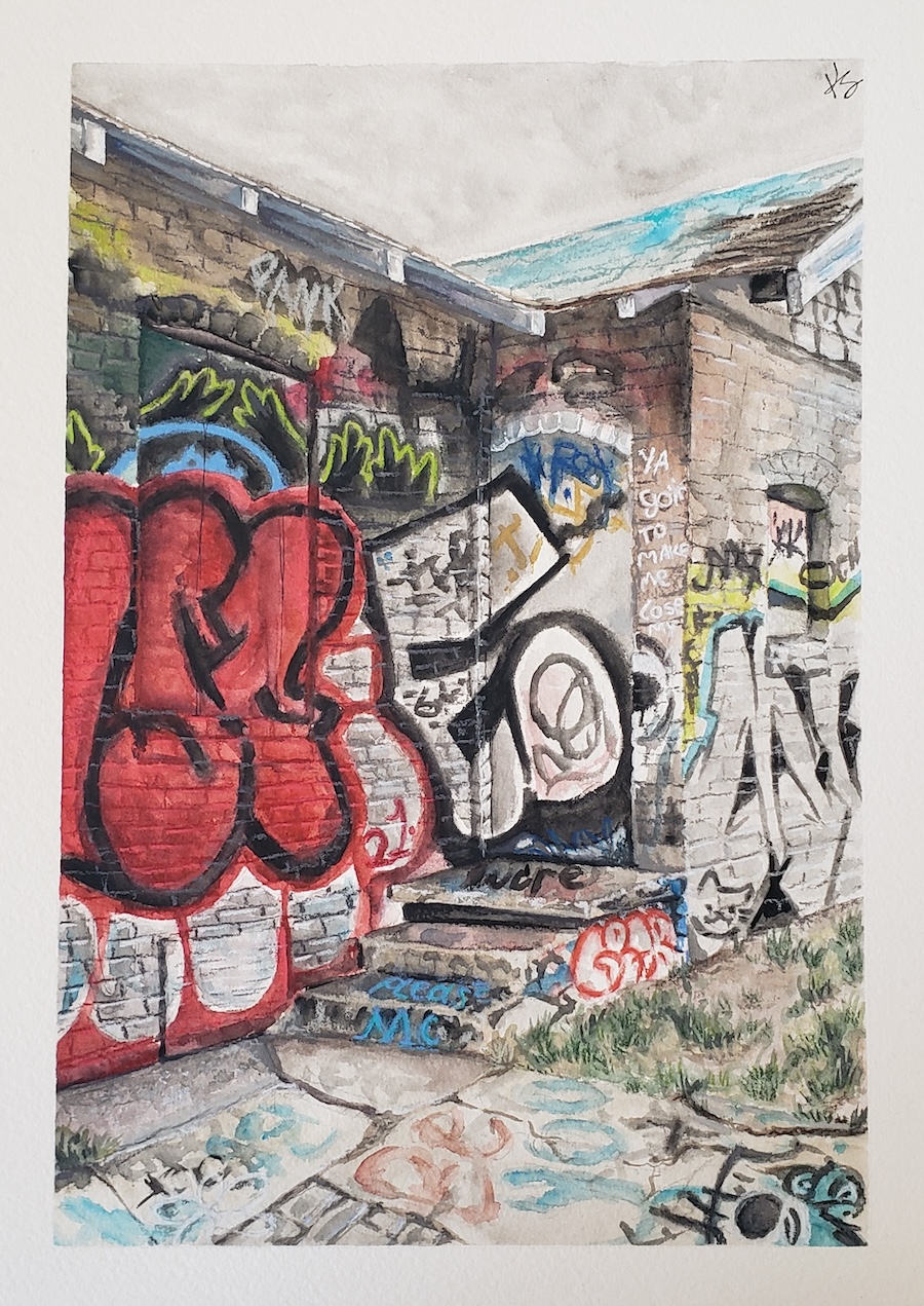 Watercolor artwork of a graffitied building