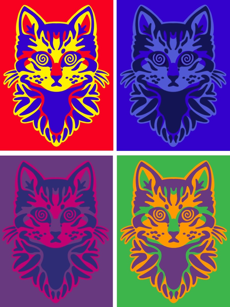 Digital artwork of multiple colored cats