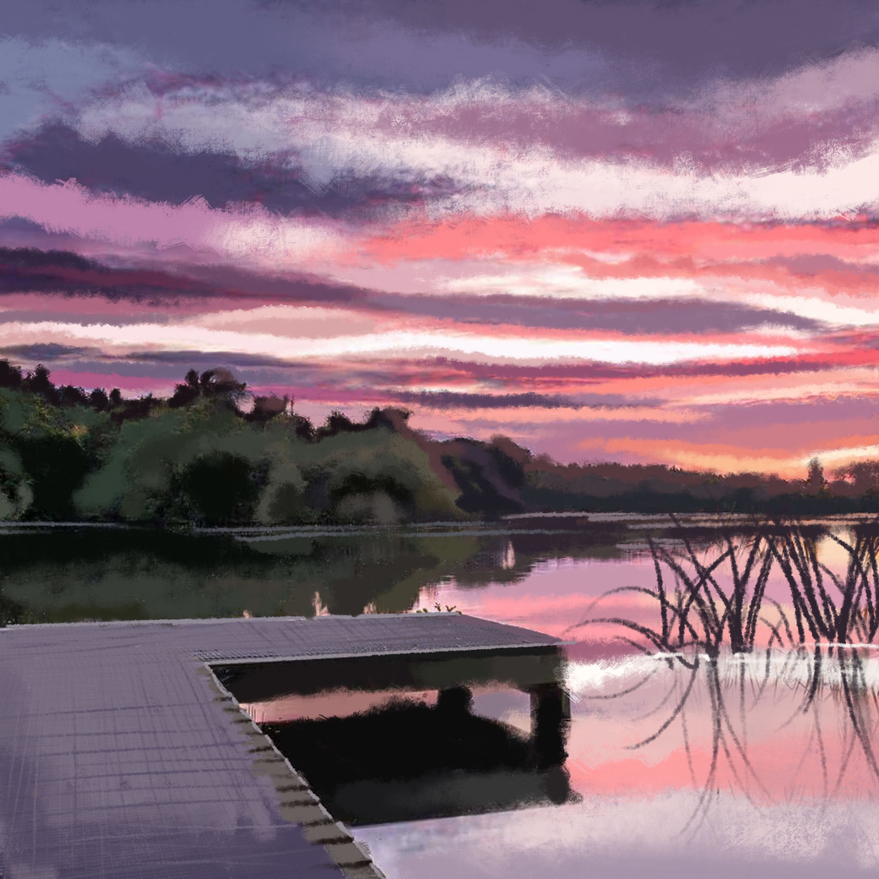 Digitally Painted Sunset over Lake