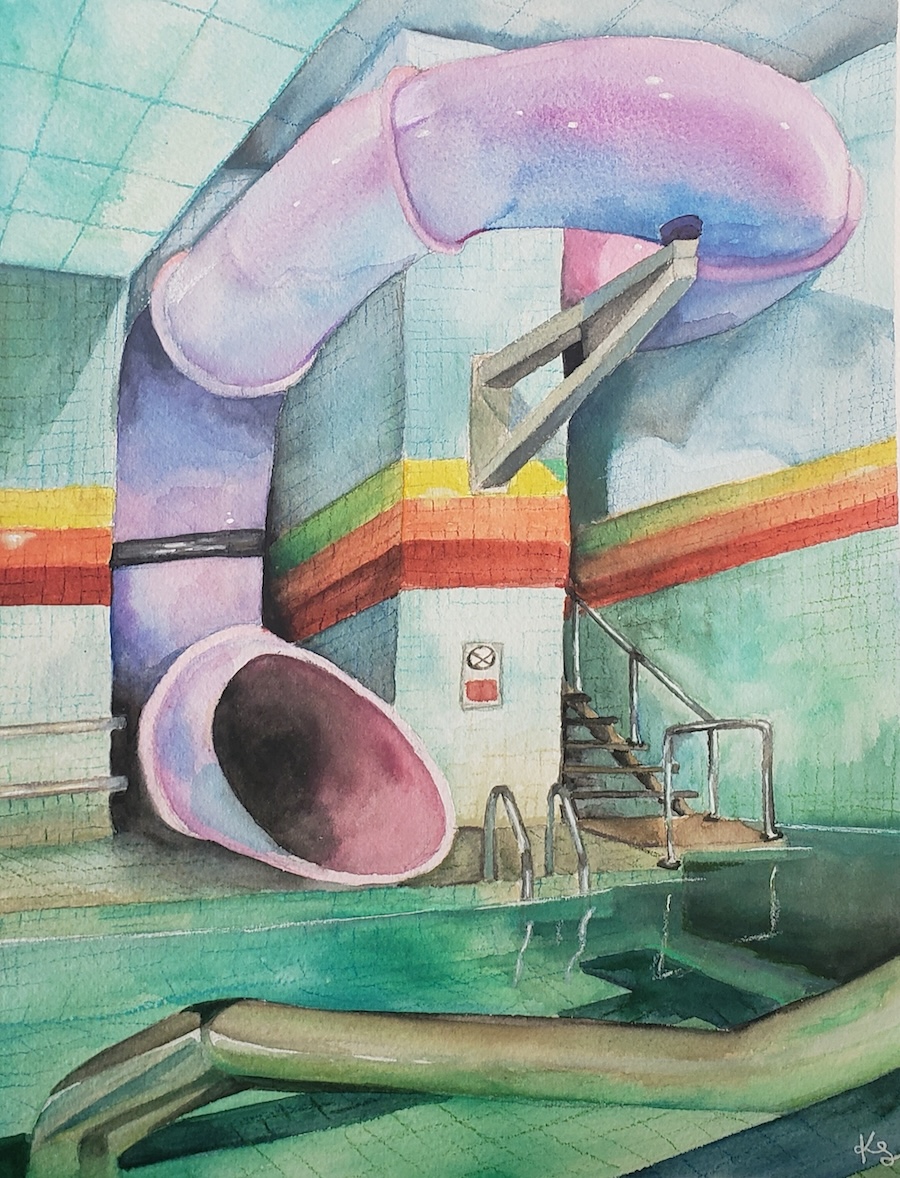 Watercolor artwork of a pool and slide