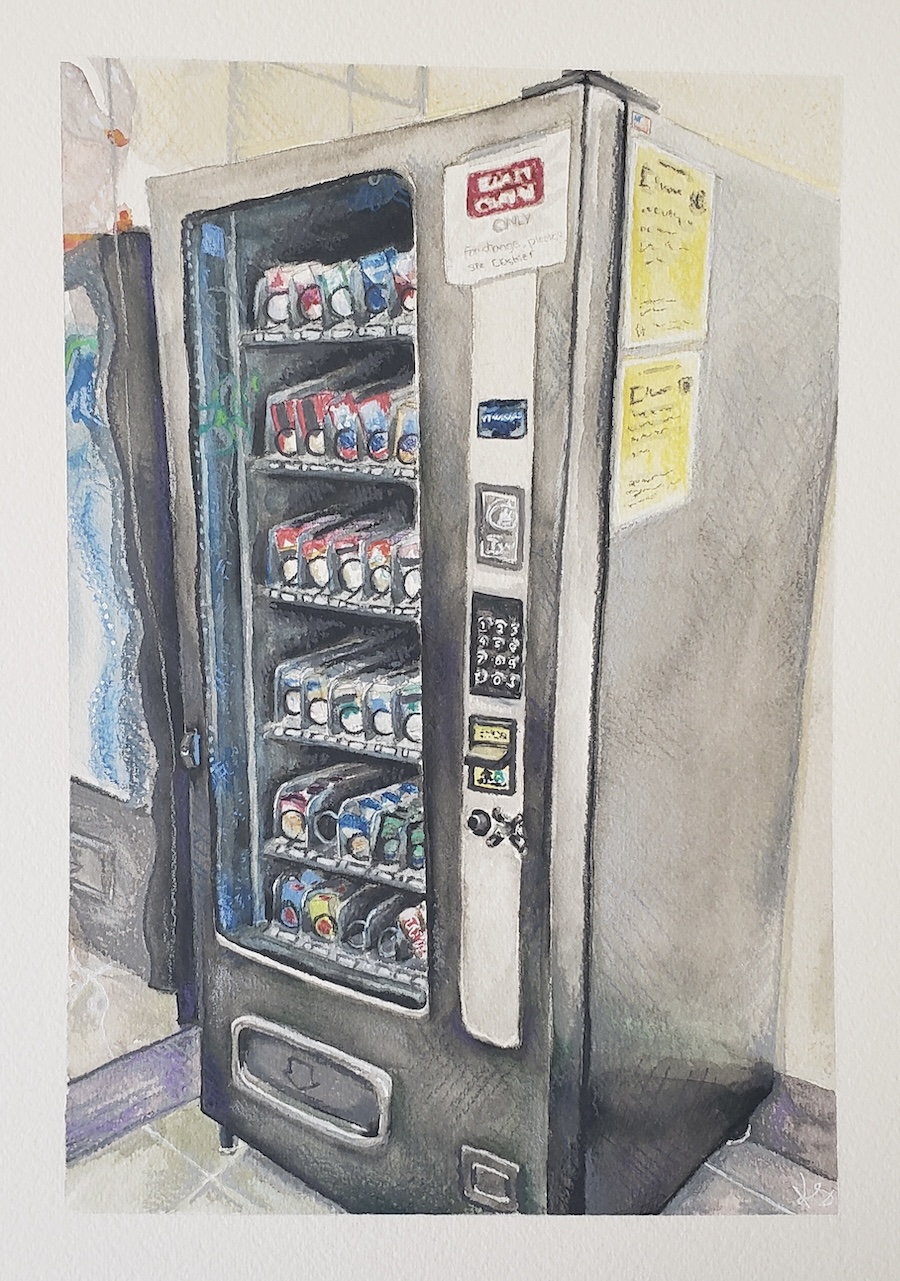 Watercolor artwork of a vending machine