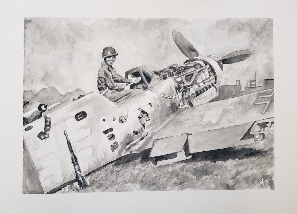 Watercolor artwork of a WW2 photograph